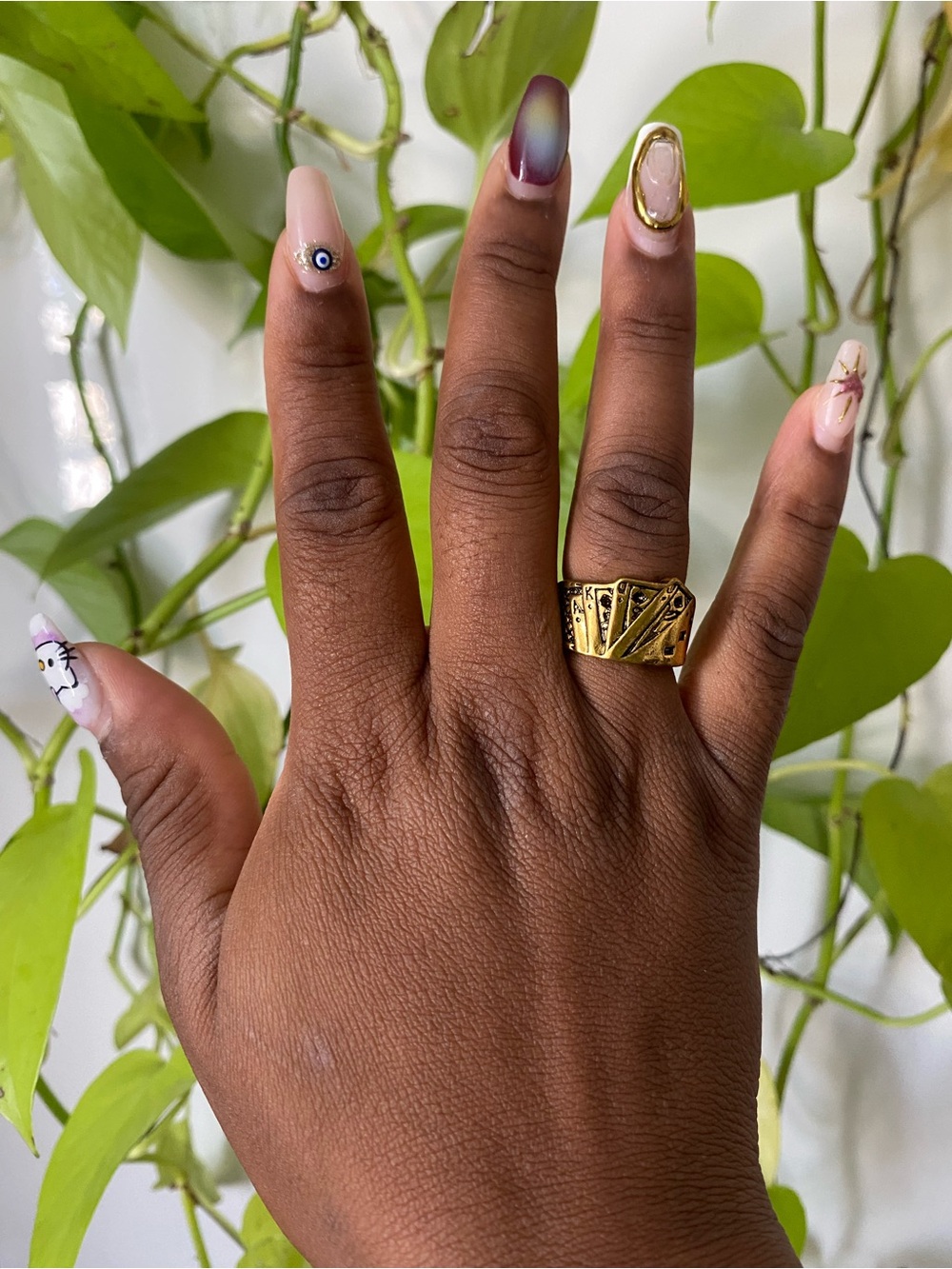 Gold Sculpted Deck of Cards Ring with Textured Panels